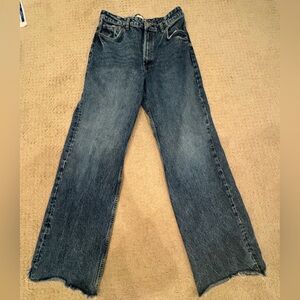 Zara High Rise Flare Jeans Size 12 Raw Hem Wide Leg Denim